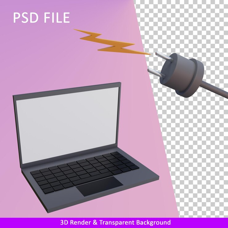 PSD 3d render electricidad y laptop