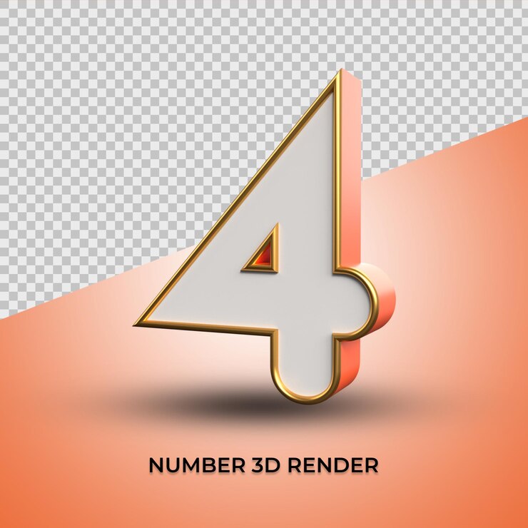 3d render elegante número 04 con estilo de contorno dorado