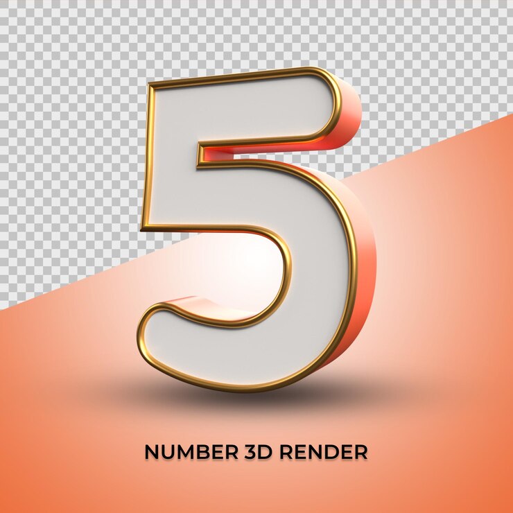3d render elegante número 05 con estilo de contorno dorado