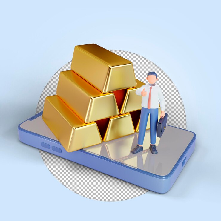 PSD 3d render empresario con lingotes de oro y teléfono móvil