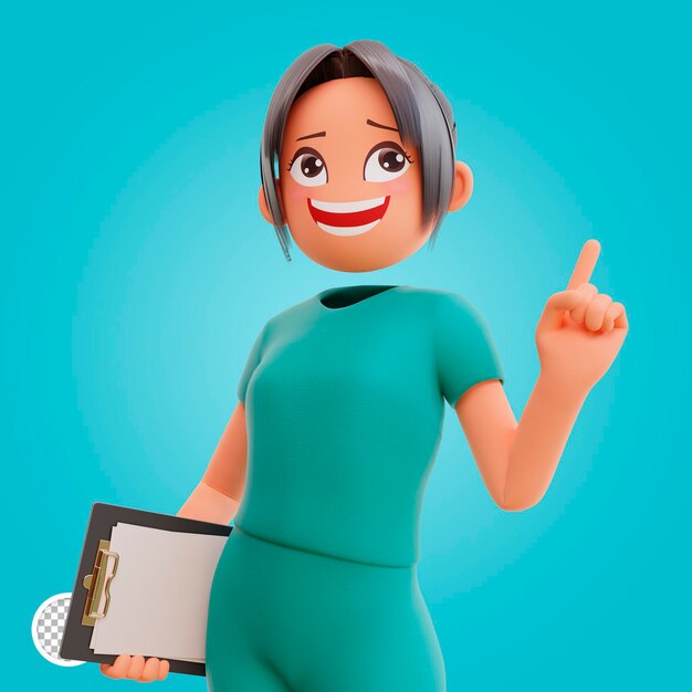 3D render enfermeira bonitinha apontando para cima