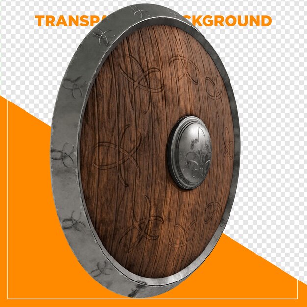 3d render escudo de metal y madera con fondo transparente