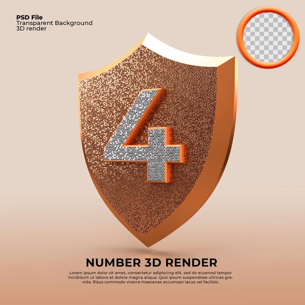 3D Render escudo número 4 estilo dorado