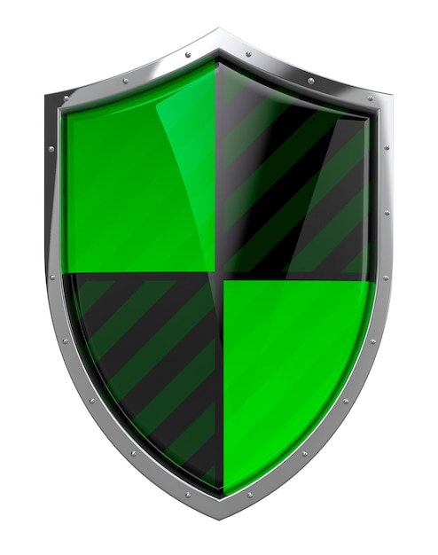 3D Render de escudo de protección verde aislado sobre fondo transparente