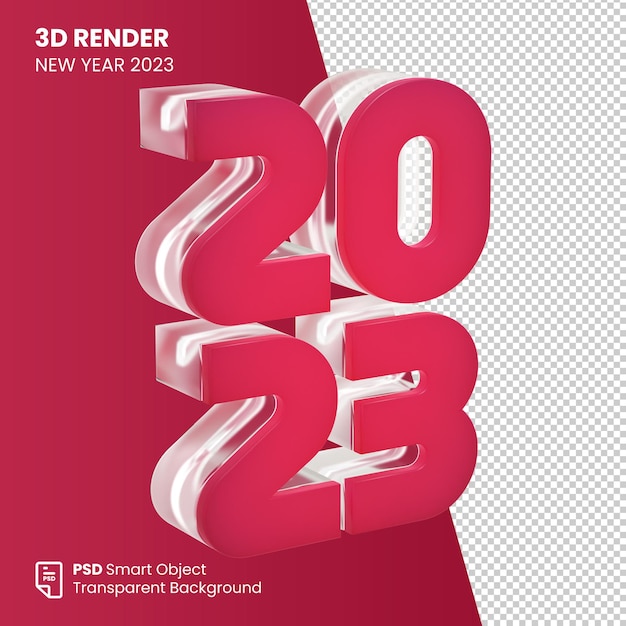 PSD 3d-render-etikett 2023 mit glaseffekt und viva-magenta-farbe