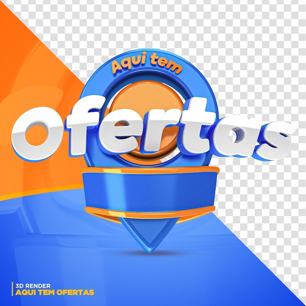 PSD 3d render etiqueta azul y naranja aquí tiene ofertas promoción aislada