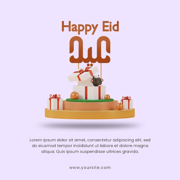 3d render feliz eid al adha con ovejas dentro de la caja de regalo en la plantilla de diseño de publicaciones de redes sociales de podio