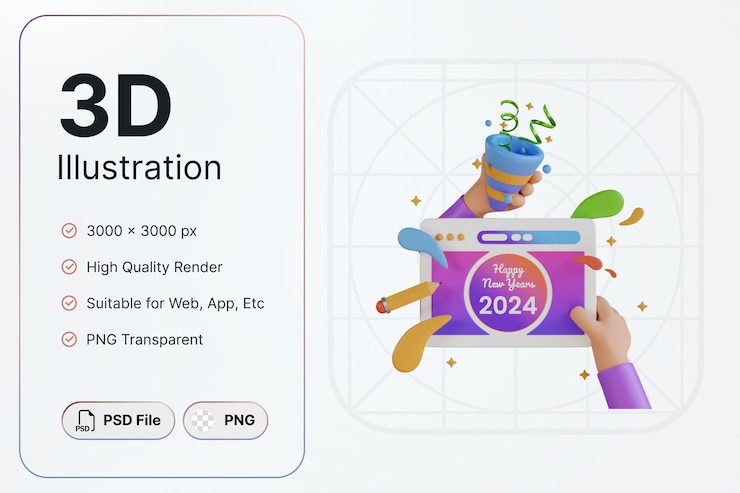 PSD 3d render fiesta de año nuevo 2024 concepto diseño moderno