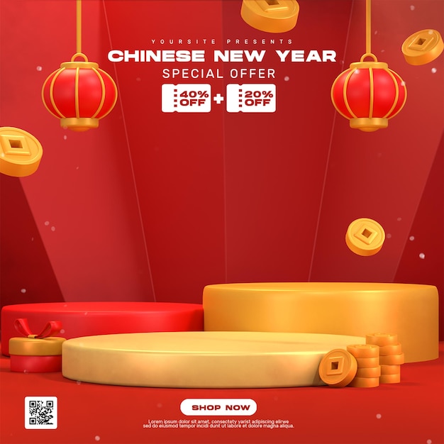 3d render fondo de año nuevo chino con podio para exhibición de productos publicación en redes sociales
