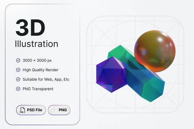 PSD 3d render forma abstracta redondo hexágono vidrio gradiente concepto diseño moderno