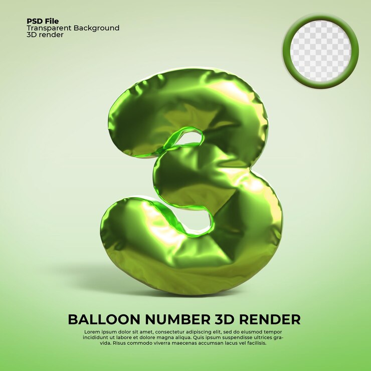 PSD 3d render globo número 3 color verde png para aniversario