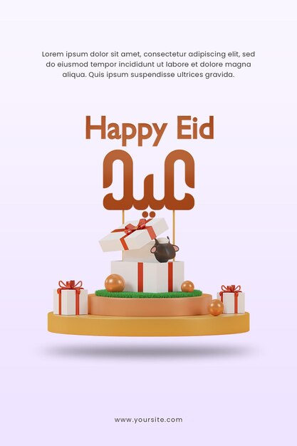 3d-render glückliches eid al adha mit schafen in geschenkbox auf podium-poster-design-vorlage