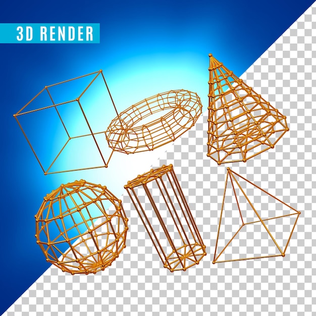 PSD 3d render gold geometrische formen objekte gesetzt isoliert auf hintergrund glänzend realistische primitive