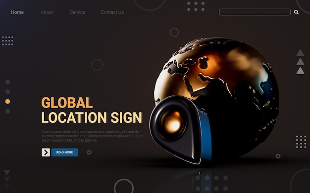 3d render gold metallic location with global earth icon on dark background concept for finding place