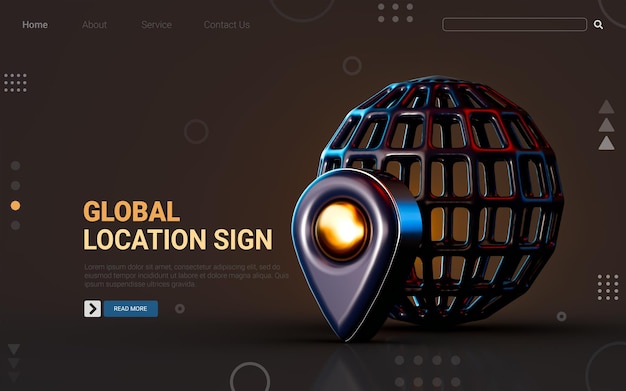 3d render gold metallic location with global icon on dark background concept for tracking place