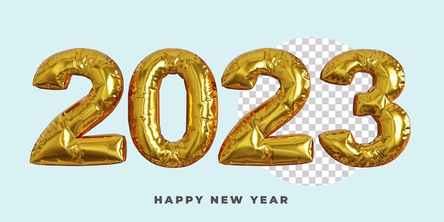 3d render golden balloon 2023 happy new year celebration with isolated transparent background