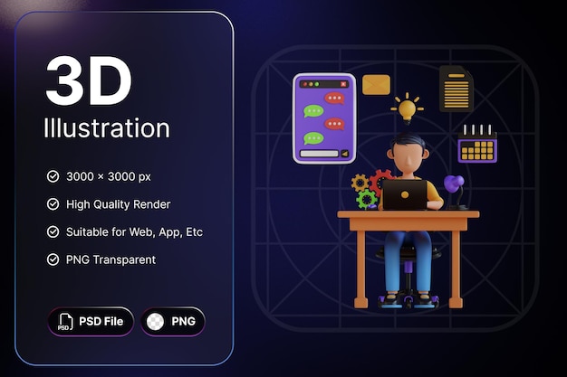 PSD 3d render gráfico trabajo remoto concepto moderno icono ilustraciones diseño