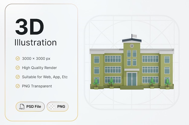 PSD 3d render green school building center view konzept modernes design