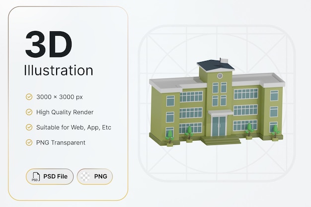 PSD 3d render green school building concepto de ángulo izquierdo diseño moderno