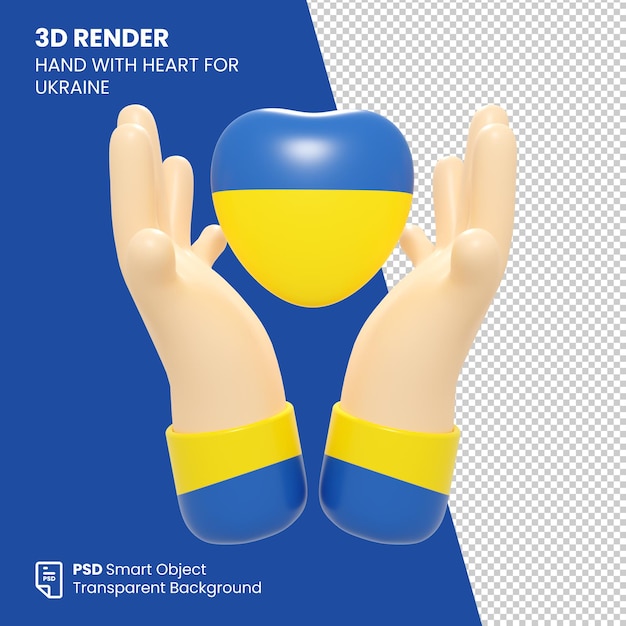 PSD 3d-render-hand mit herz für die ukraine