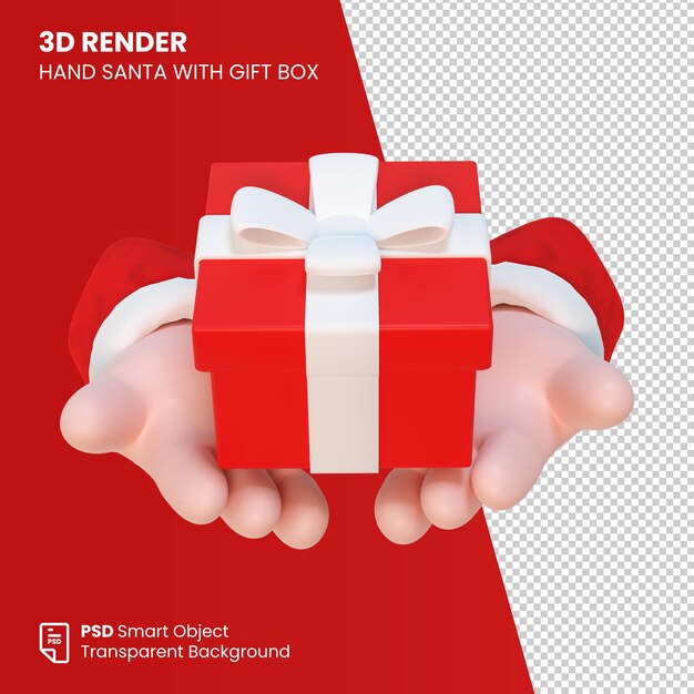 PSD 3d render hand santa with gift box front view