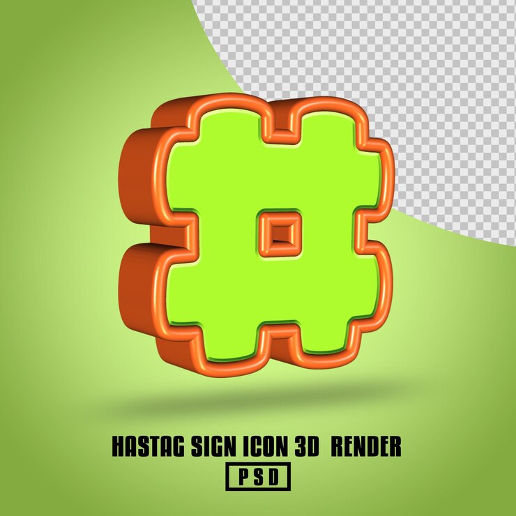 PSD 3d render hastag icono de signo de color verde claro y naranja