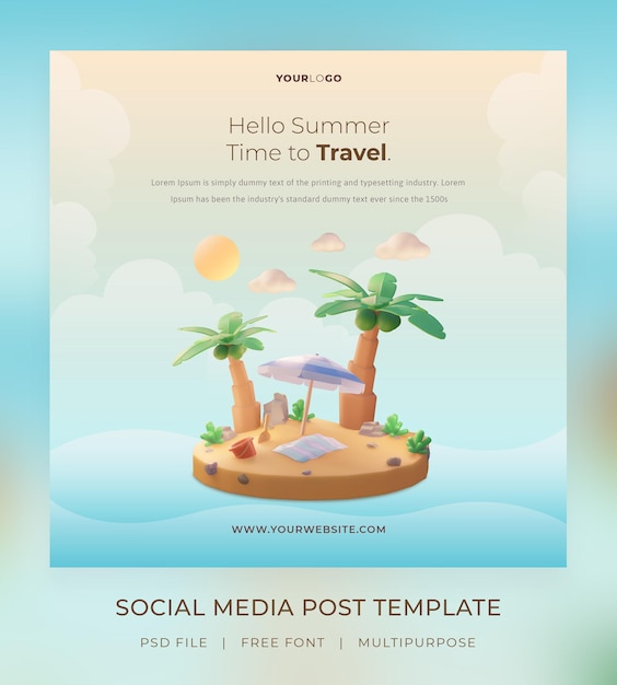3d render, hello summer, modelo de postagem de mídia social, com ilustração de coqueiro e praia de guarda-chuva