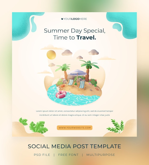 3d render, hello summer, social media post template, com ilustração coqueiro