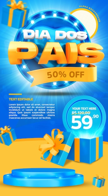 3d render histórias de promoção de venda de selos do dia dos pais