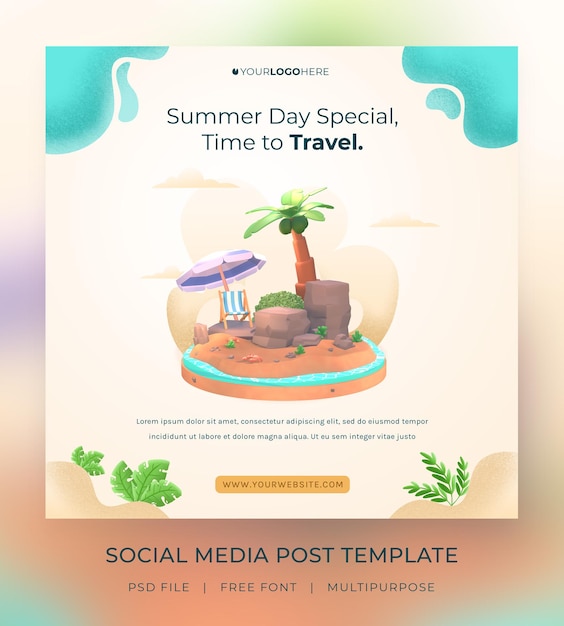 3d render hola plantilla de publicación de redes sociales de verano con ilustración cocotero y paraguas