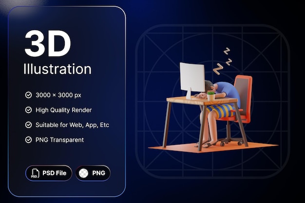 3d render el hombre estaba trabajando y se quedó dormido trabajo desde el concepto de hogar diseño de ilustraciones de iconos modernos