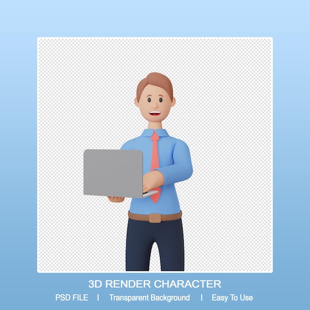 3d render hombre sonriente personaje sosteniendo una computadora portátil