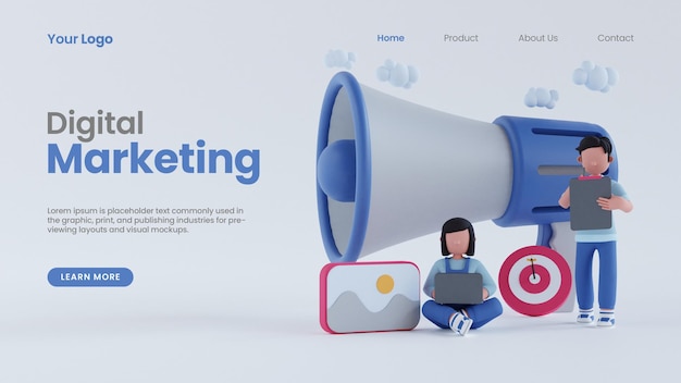 3d render homem e mulher com megafone on-line conceito de marketing digital landing page modelo psd