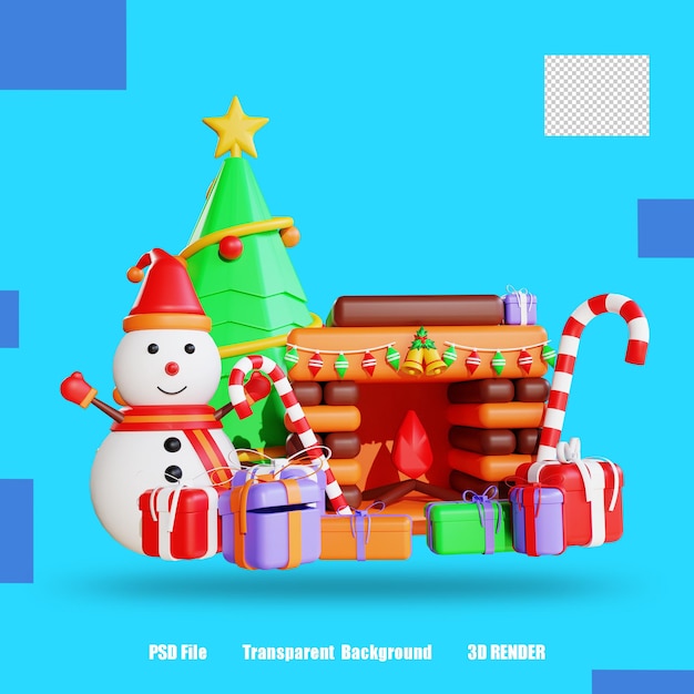 3d render icon gift box snowman tree fire