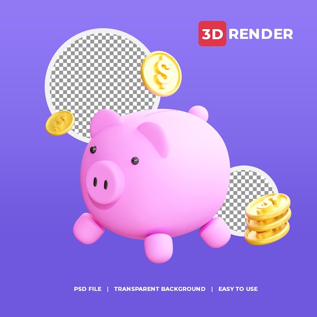 3d render icon piggy saving com dólar dourado