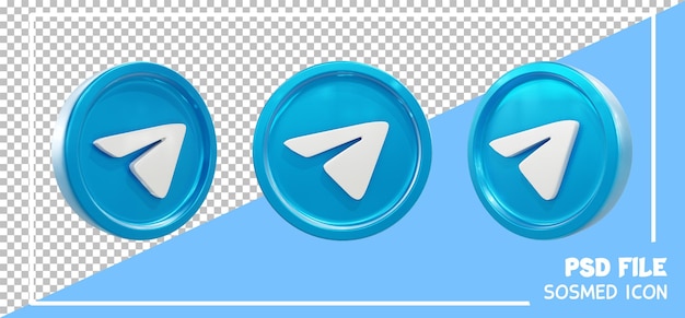 3D Render Icon Telegram Social Media con modelo de moneda y fondo alfa