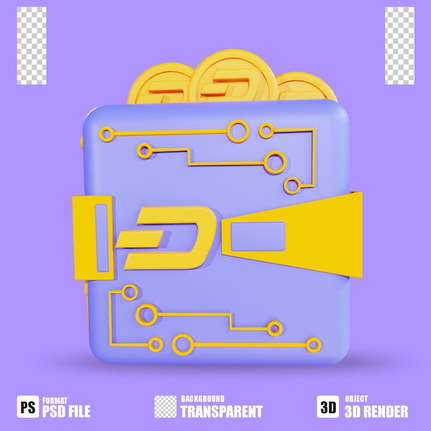 3D render icona criptovaluta portafoglio dashcoin con sfondo trasparente