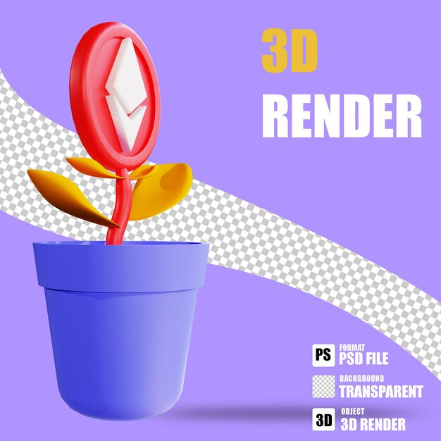 3D render icona di criptovaluta ethereum invest 3 con sfondo trasparente