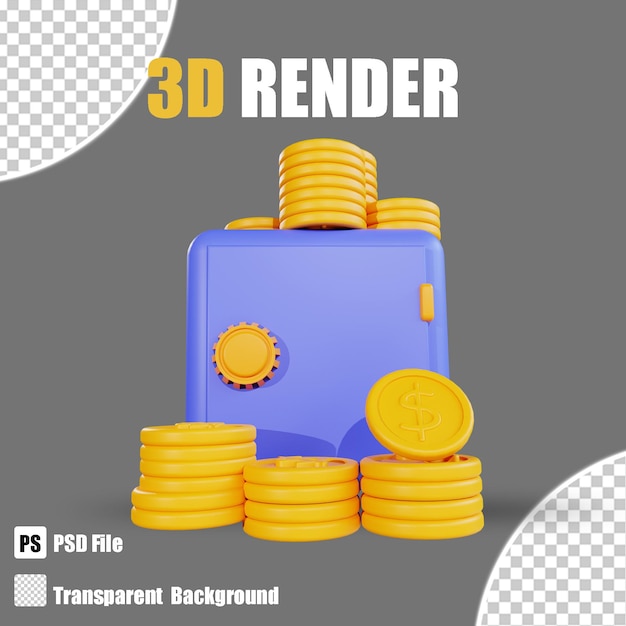 3D render ícone de banco e finanças moeda de cofre com fundo transparente