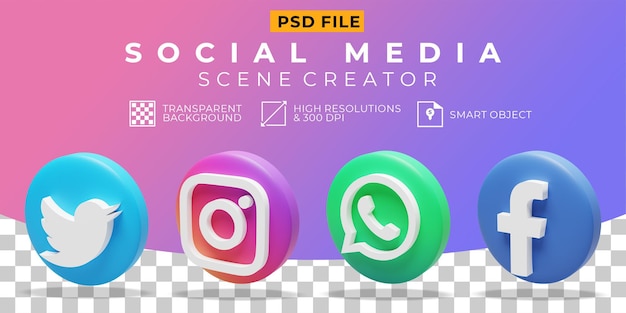 PSD 3d render ícone de coleção de logotipo de mídia social