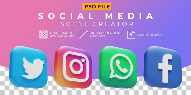 PSD 3d render ícone de coleção de logotipo de mídia social