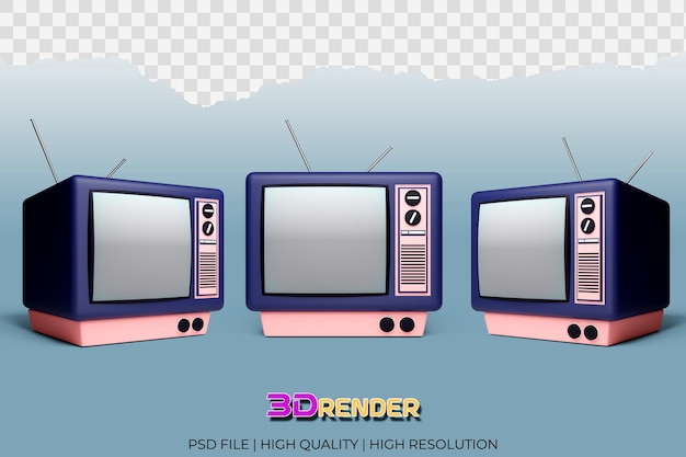 3D render ícones de televisão vintage com fundo transparente