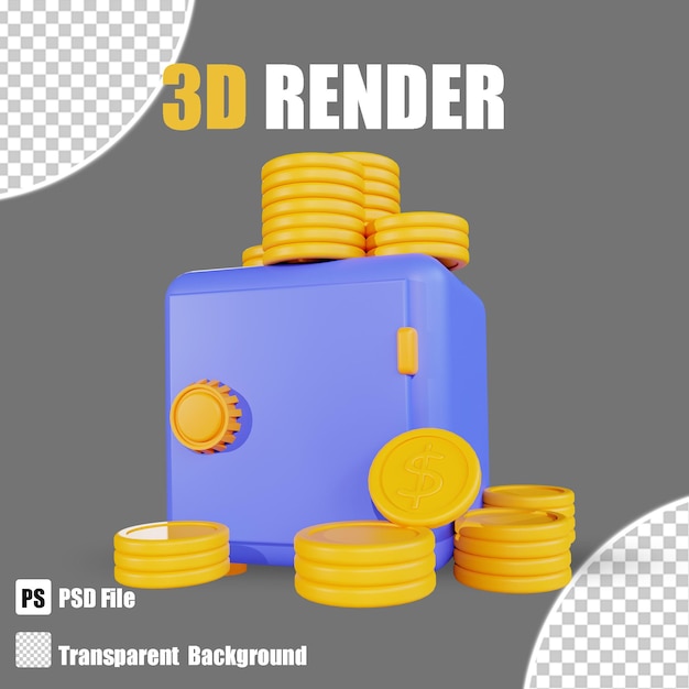 3D render icono de banca y finanzas caja de seguridad moneda 3 con fondo transparente
