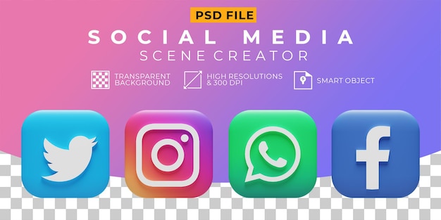 PSD 3d render icono de colección de logotipos de redes sociales