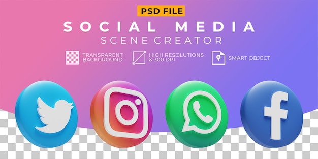 PSD 3d render icono de colección de logotipos de redes sociales