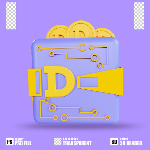 3D render icono de criptomoneda dogecoin billetera con fondo transparente