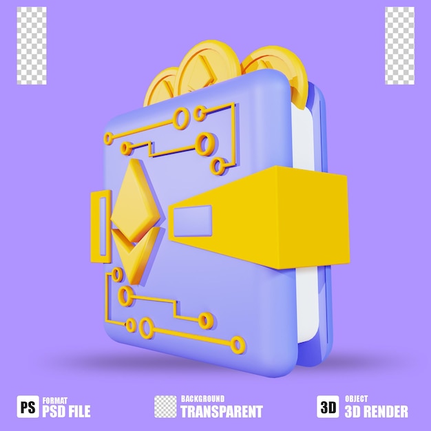 3D render icono de criptomoneda ethereum wallet 2 con fondo transparente