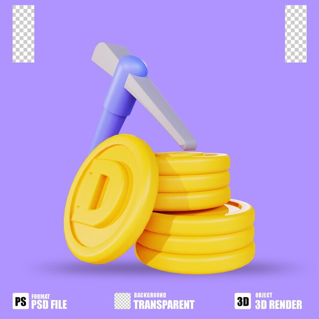 3D render icono de criptomoneda minería dogecoin con fondo transparente