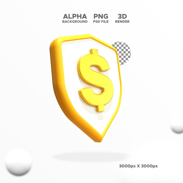 3d render icono de escudo de protección de dinero para diseño ilustración objeto aislado