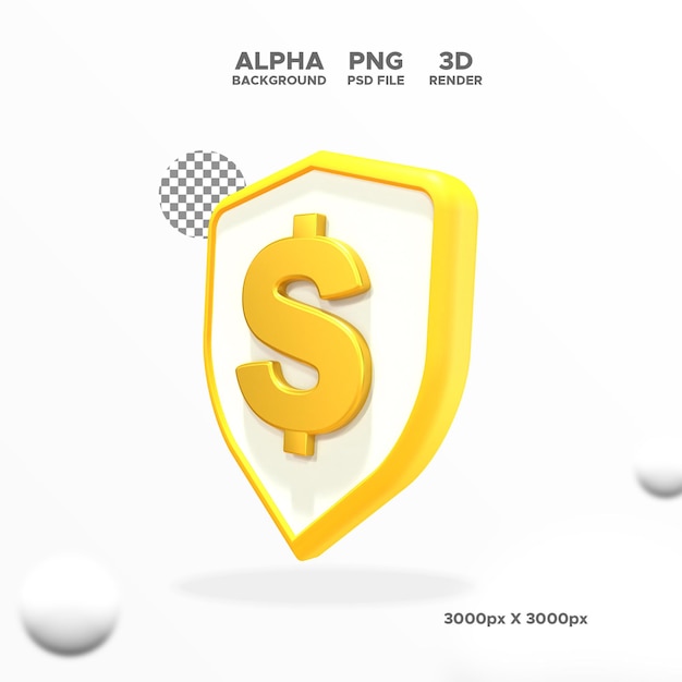 3d render icono de escudo de protección de dinero para diseño ilustración objeto aislado